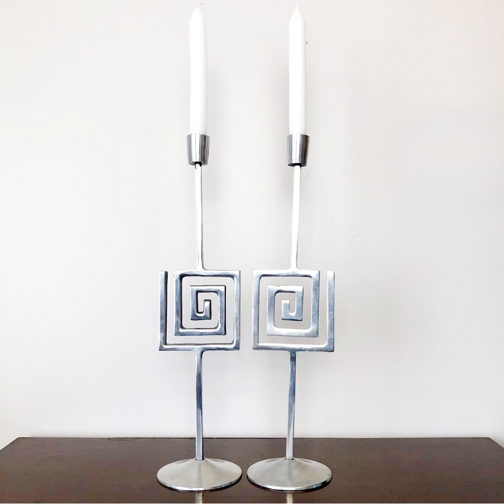 Vintage Postmodern Silver Metal Geometric Candle Holders Set of 2